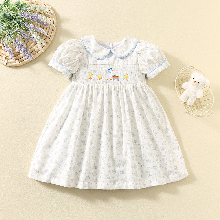 Cute duck embroidered cotton floral smocked dress