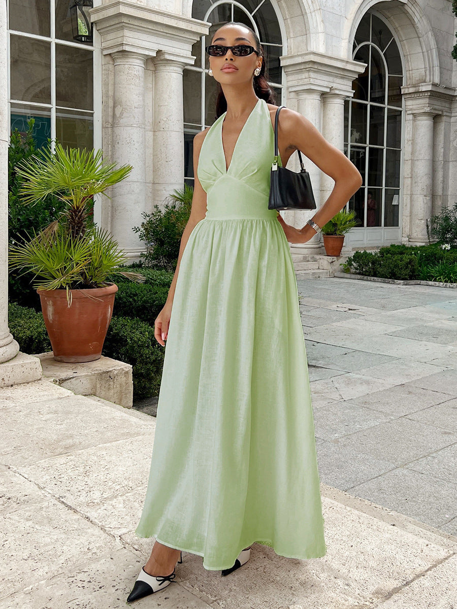 French retro v-neck halter neck pure cotton swing dress