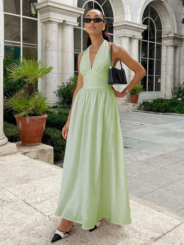 French retro v-neck halter neck pure cotton swing dress