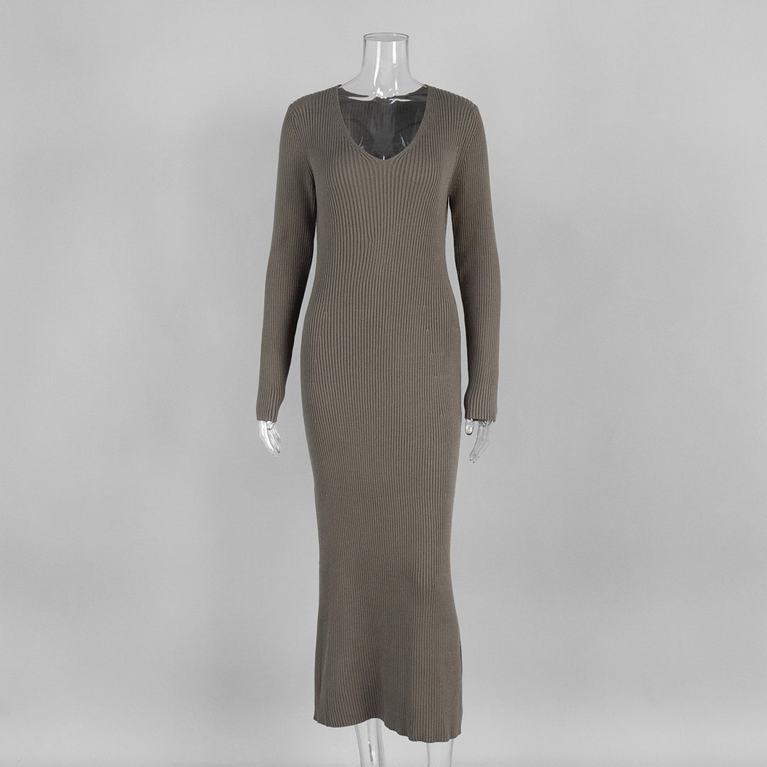 V-neck slim knitted maxi dress sweater dress
