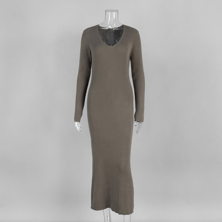 V-neck slim knitted maxi dress sweater dress
