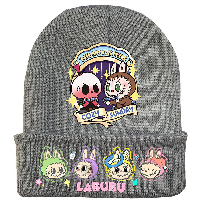 Cute monster printed knitted beanie hat-gray