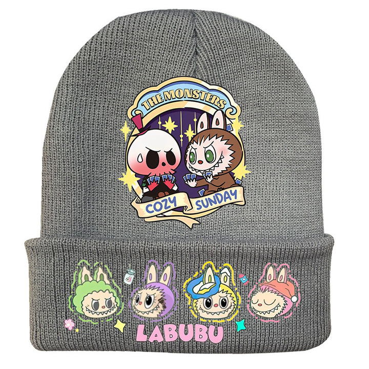 Cute monster printed knitted beanie hat-gray