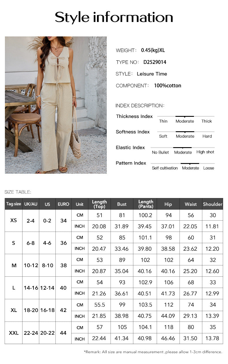 Sleeveless Bow tie-up top&wide leg pants set