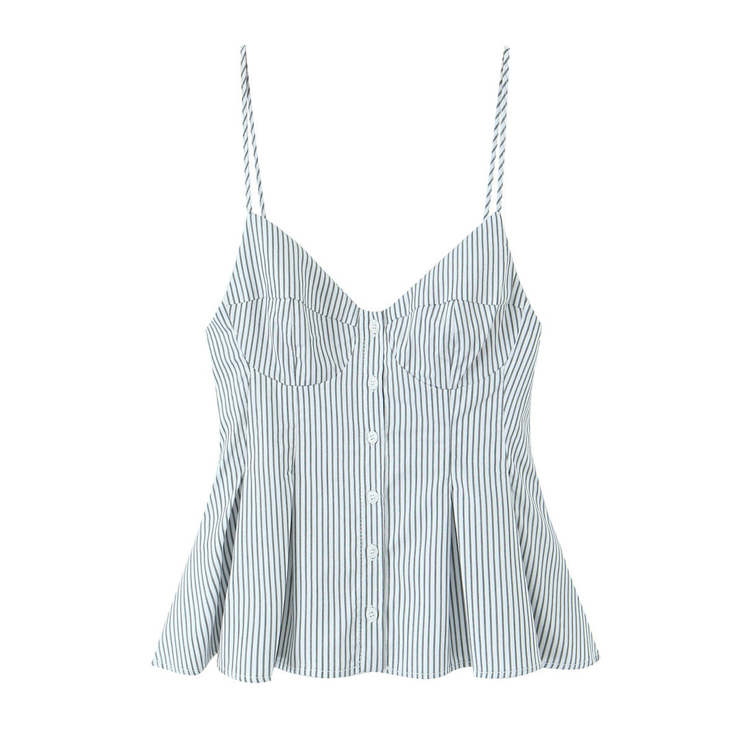 V-neck button-down striped pleated camisole top
