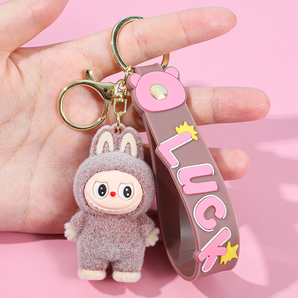 Labubu flocking keychain labubu pendant school gift