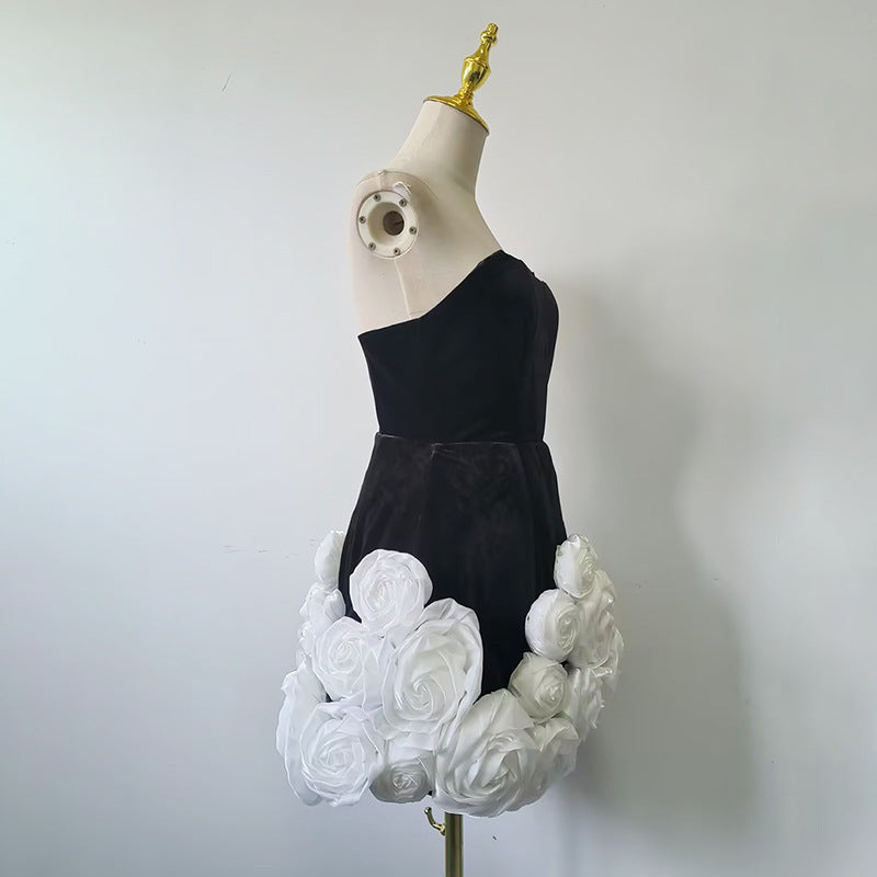 3D white rose flower hem tube top dress