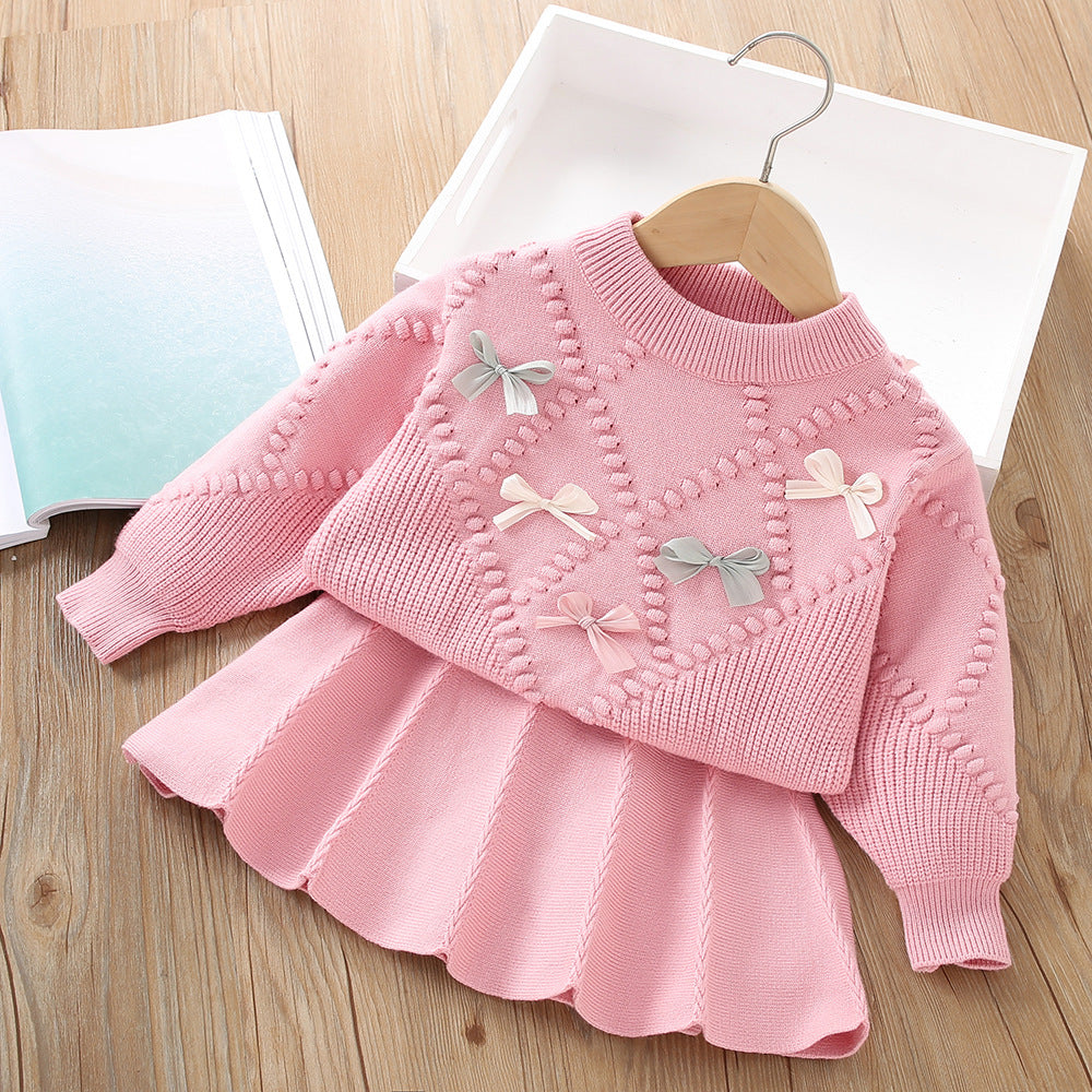 Sweet bowknot knitted sweater&skirt 2pcs set for girls