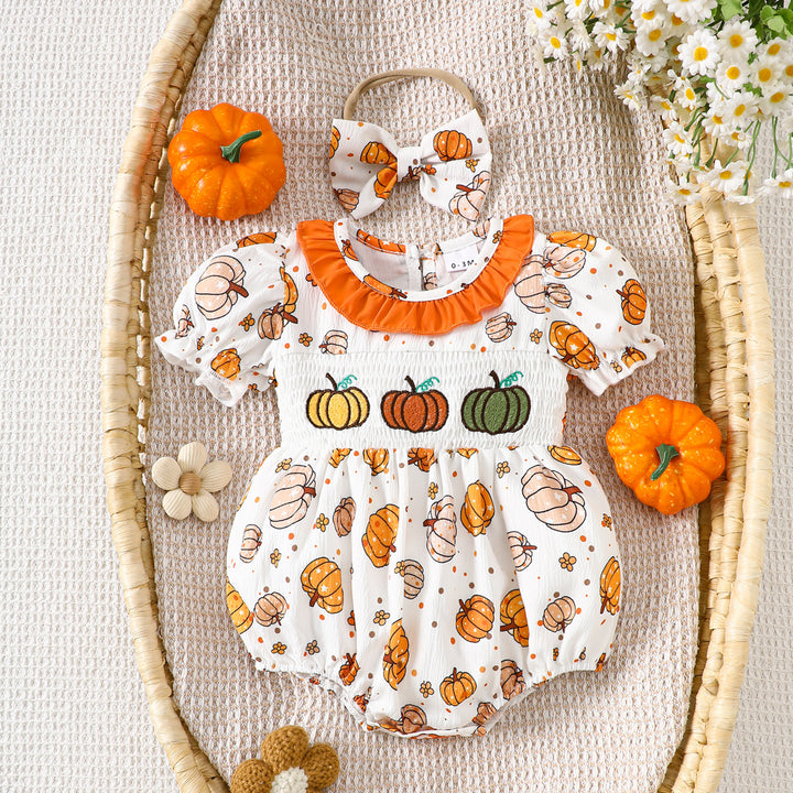 Halloween cute Pumpkin Embroidery smocked Romper
