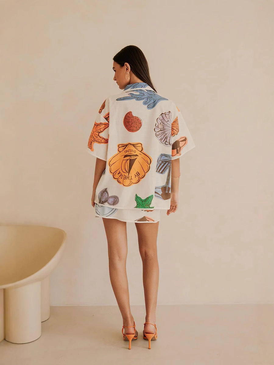 Seashell Casual Linen Shirt &Hip skirt set