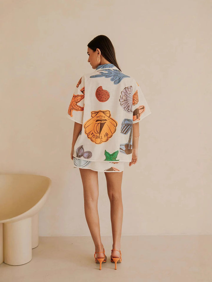 Seashell Casual Linen Shirt &Hip skirt set