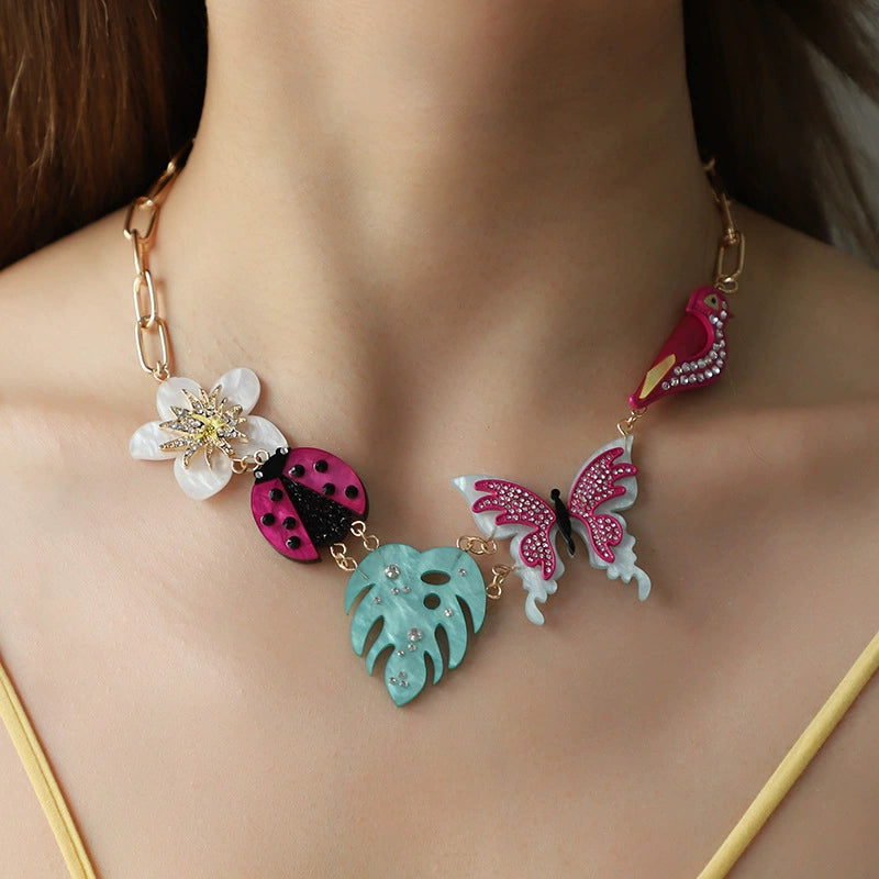 Spring &Summer Acrylic Flower Bird Diamond Necklace