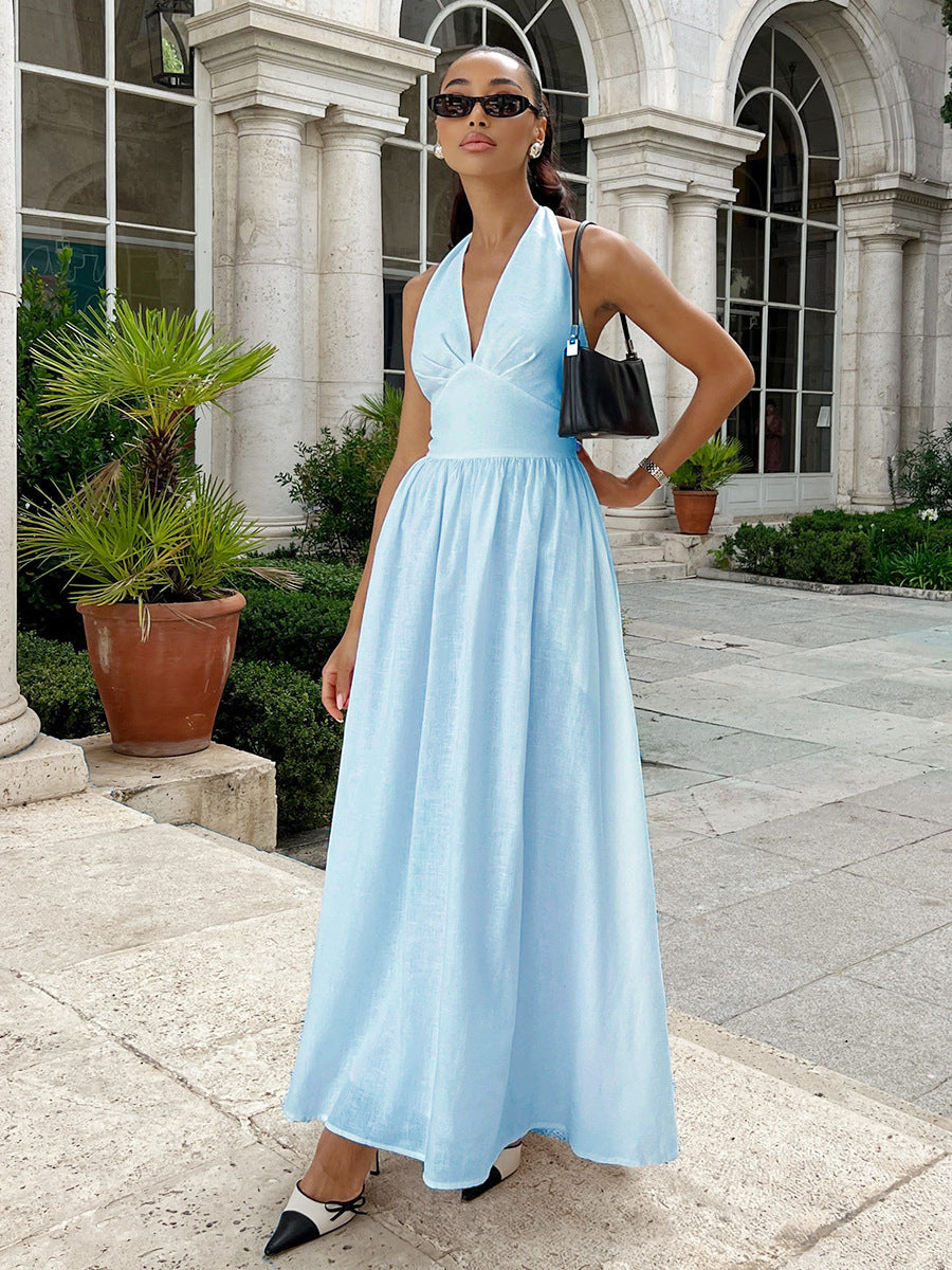 French retro v-neck halter neck pure cotton swing dress