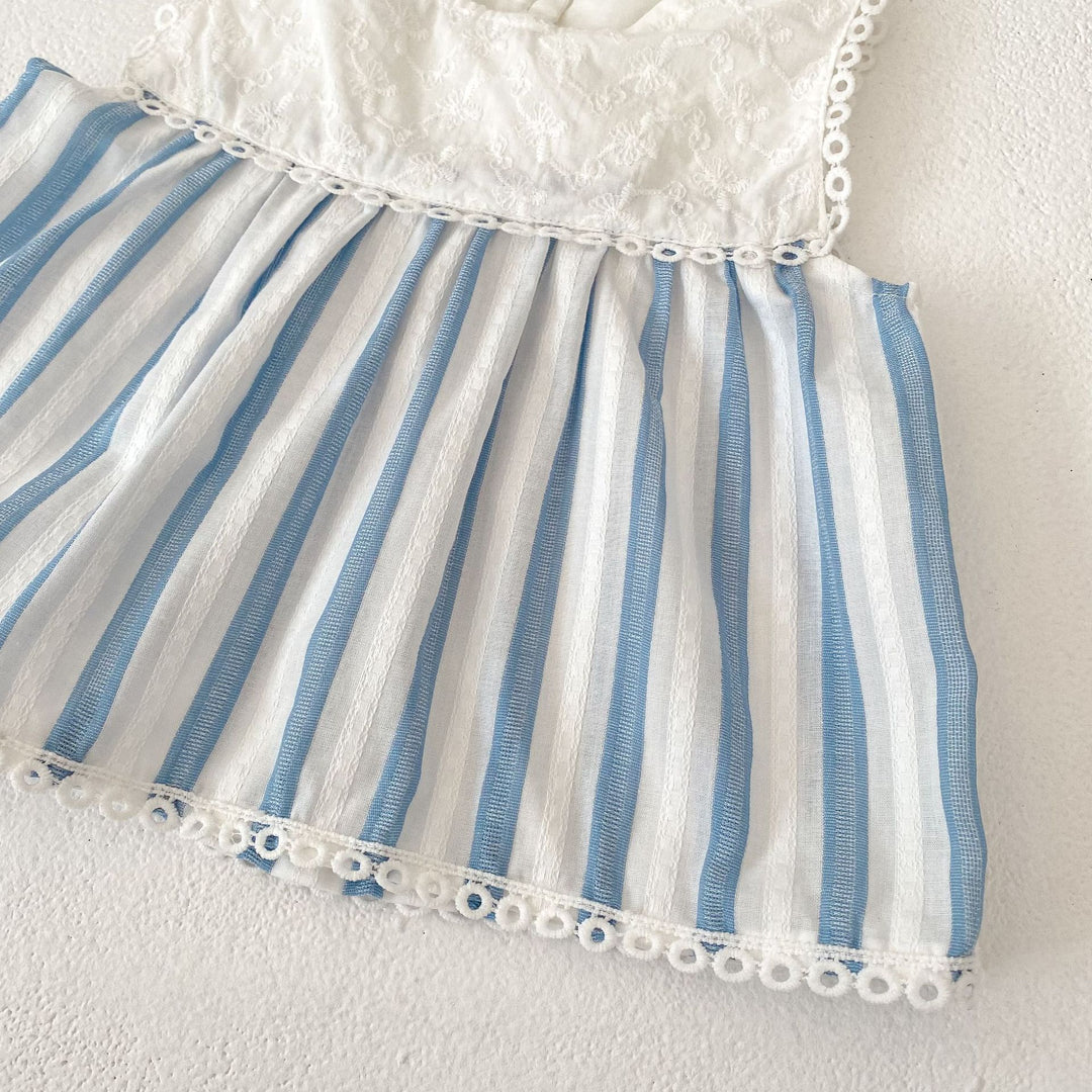 Baby embroidery blue striped romper 2pcs set