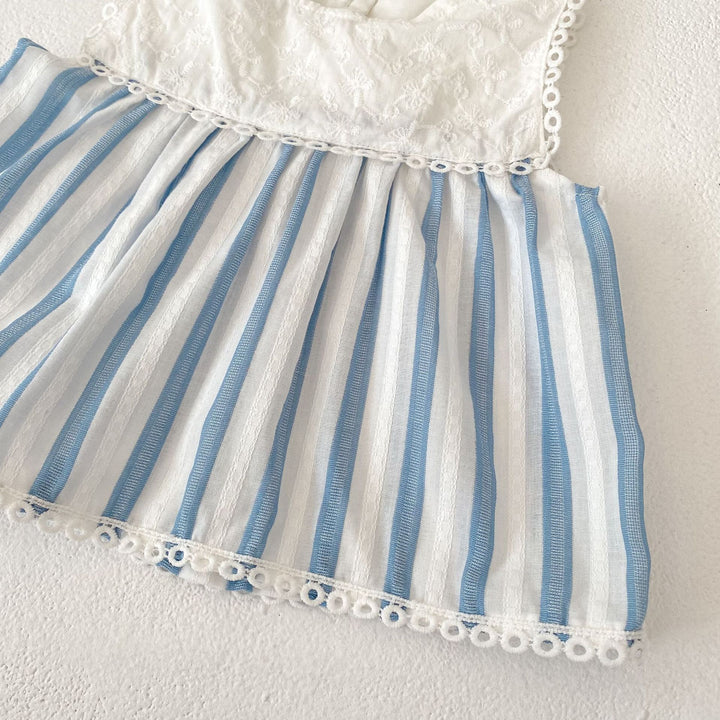Baby embroidery blue striped romper 2pcs set