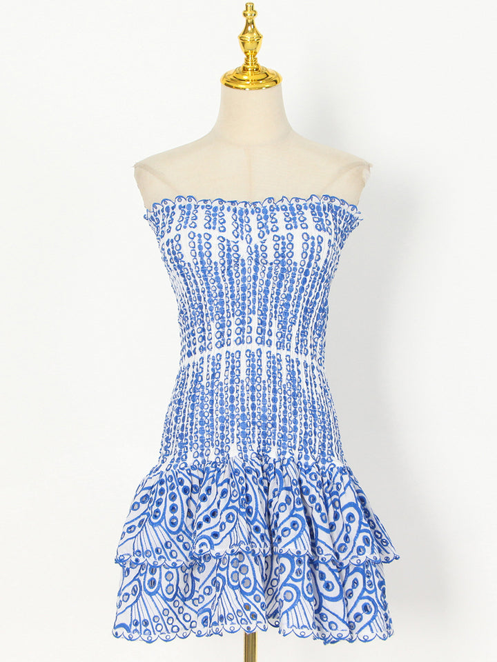 Embroidered tube top puffy mini dress