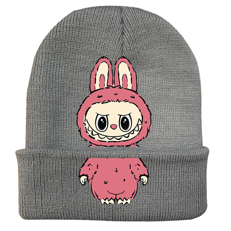 Cute monster printed knitted beanie hat-gray