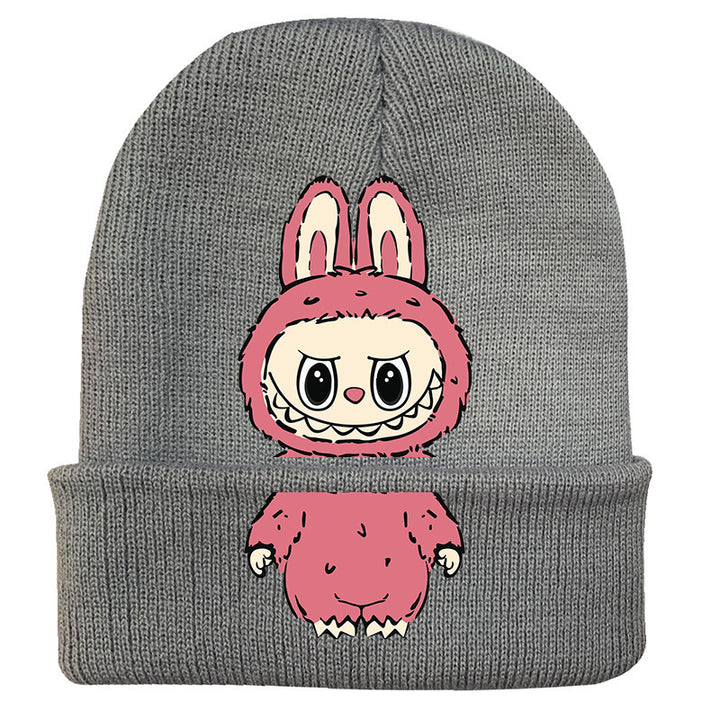 Cute monster printed knitted beanie hat-gray