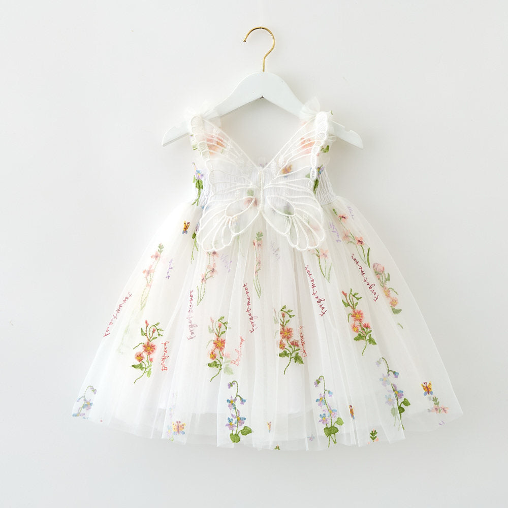 Girls floral embroidery mesh tutu dress with butterfly wings