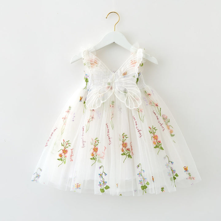 Girls floral embroidery mesh tutu dress with butterfly wings