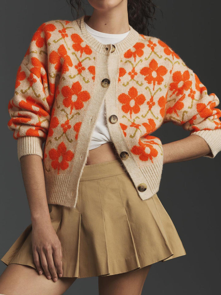 Floral Jacquard Sweater Knitted Cardigan Coat for women