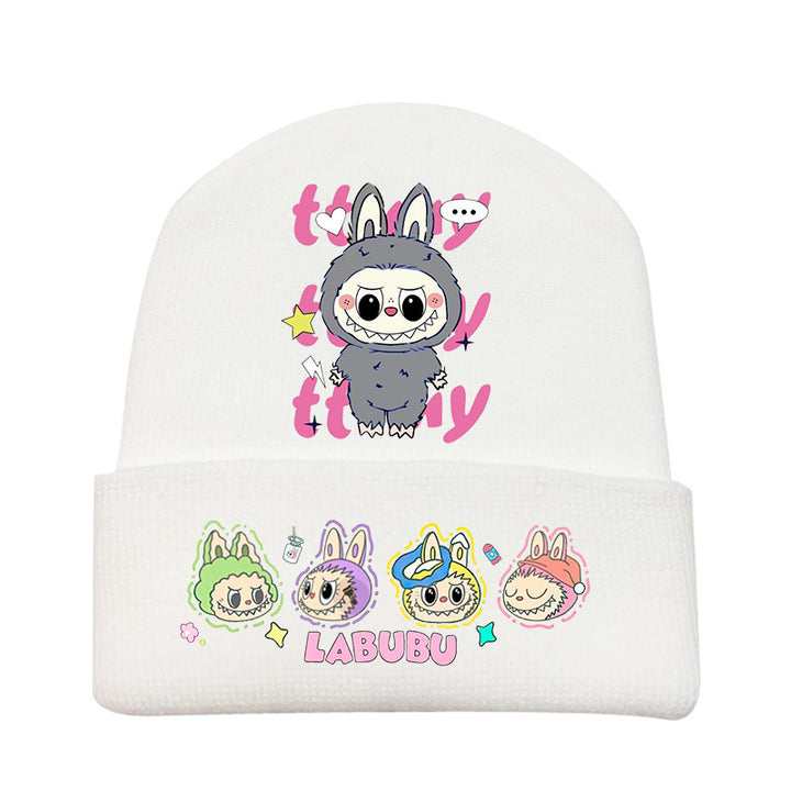 Cute monster printed knitted beanie hat-white
