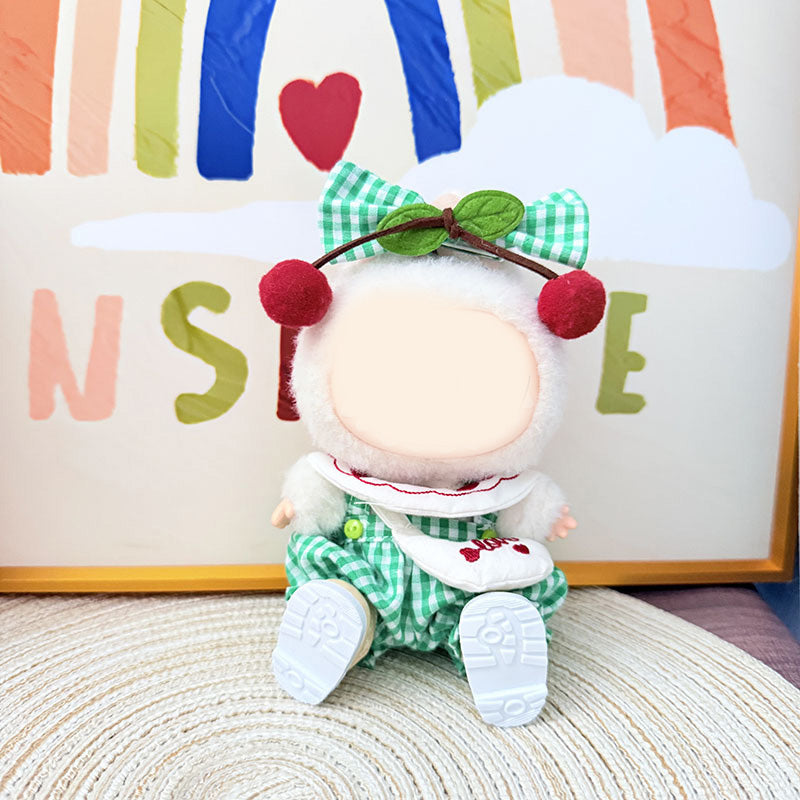 Labubu pink green checkered cherry overalls 5pcs set