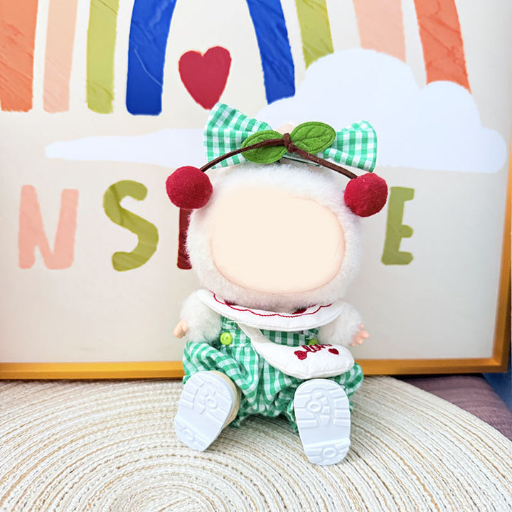 Labubu pink green checkered cherry overalls 5pcs set
