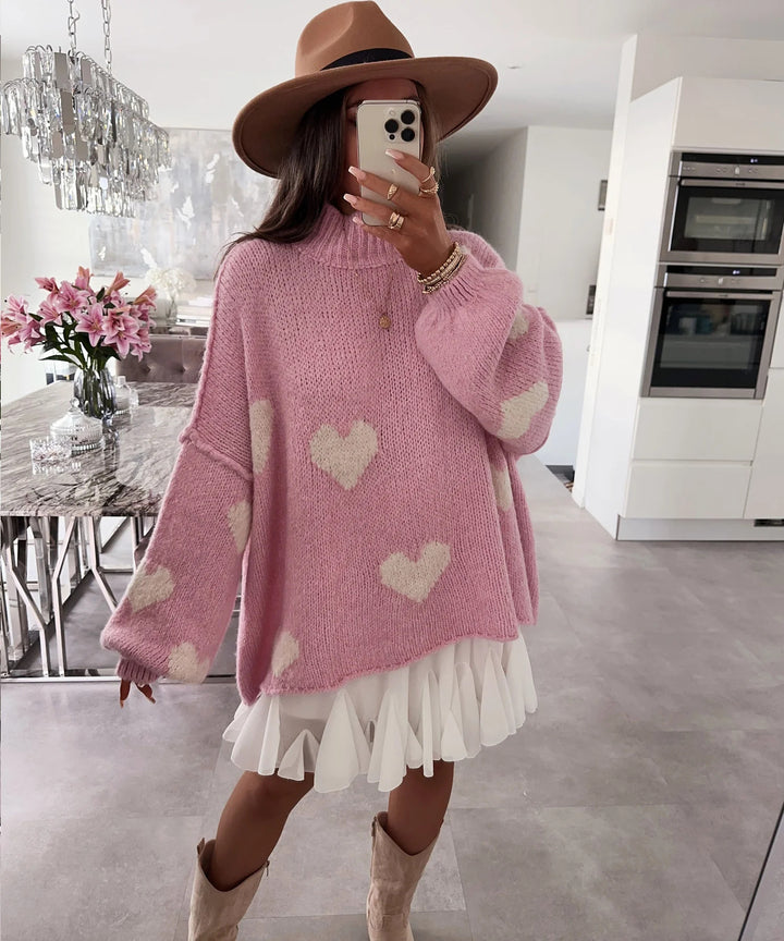 Valentine's Day Heart Jacquard Color Block Loose Knit Sweater Pullover