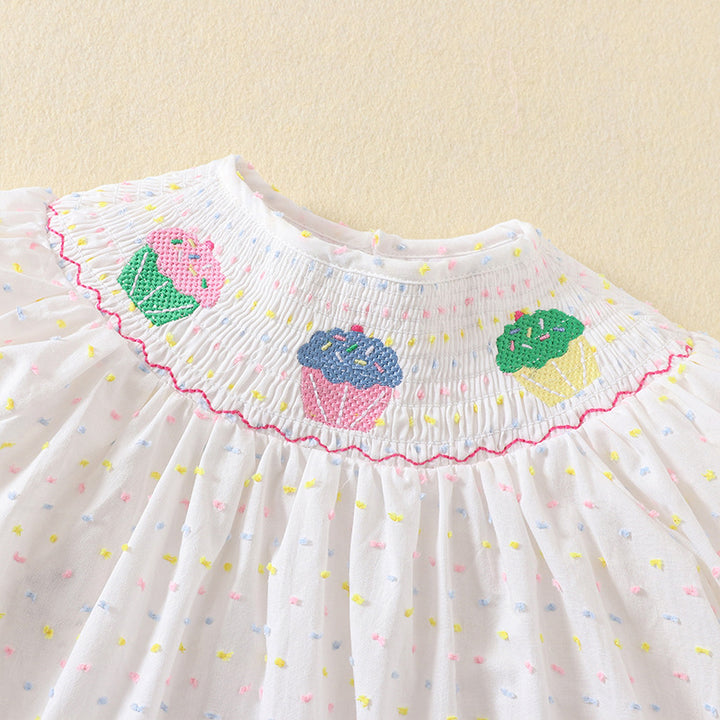 Cake embroidery smocked dress with puff sleeves