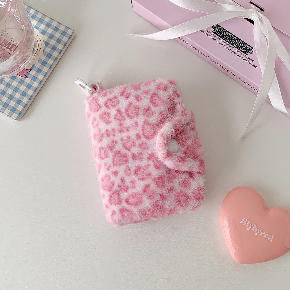Fluffy leopard small wallet with snap closure for girls