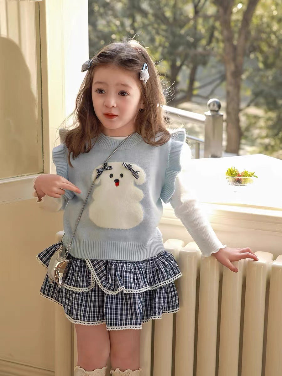 Cute Puppy Jacquard Knitted Vest Sweater skirt 3pcs set