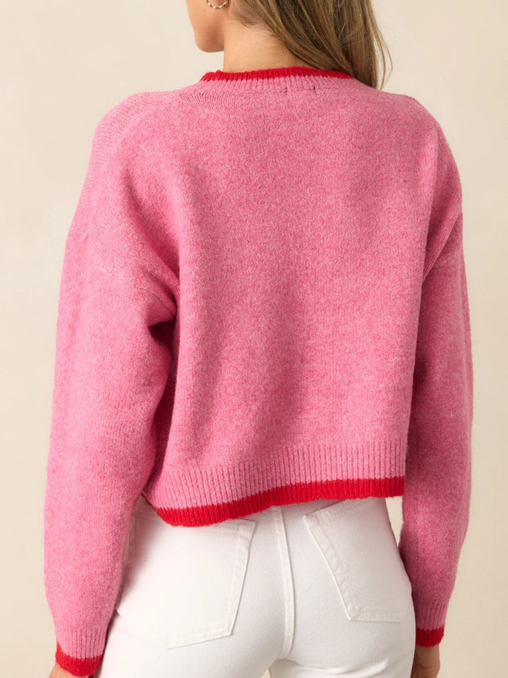 Strawberry jacquard pullover crop sweater