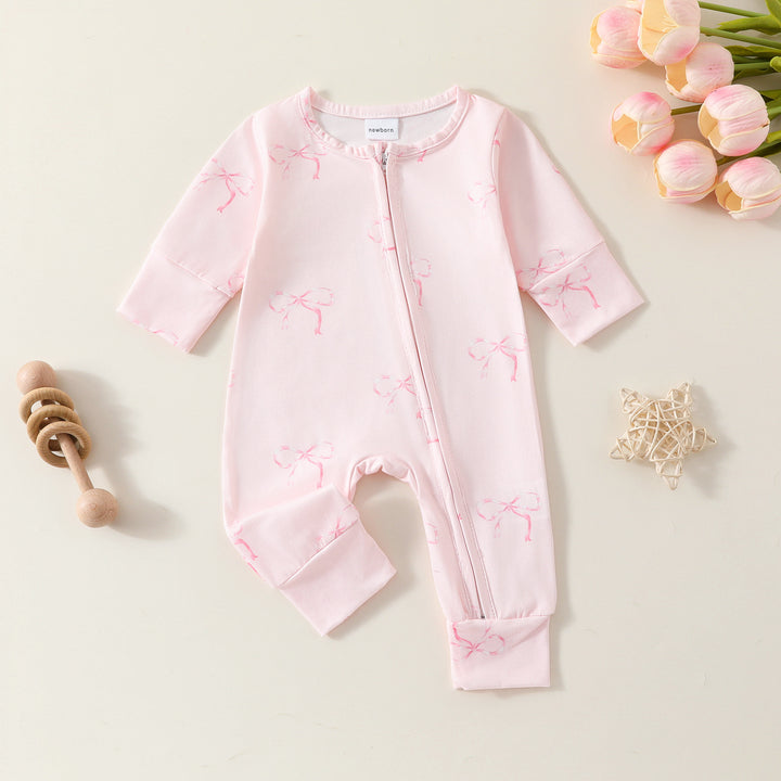Sweet Bow Pink Bodysuit Long Sleeve Zipper romper