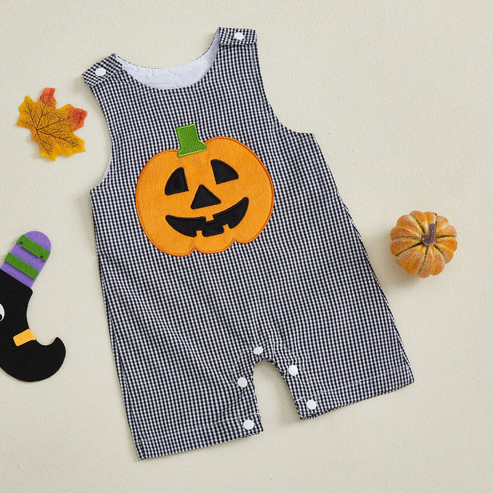 Cute pumpkin embroidered plaid jumpsuit for Halloween