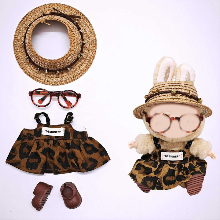 Labubu leopard print overalls dress straw hat and shoes 4PCS set