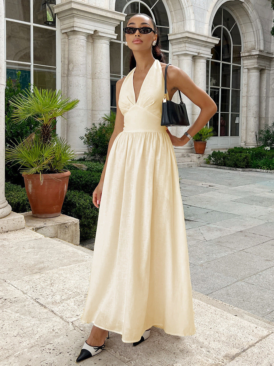 French retro v-neck halter neck pure cotton swing dress