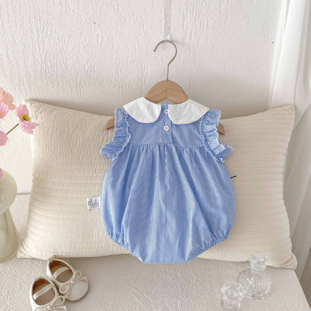 Baby girl summer sleeveless blue&white striped lapel romper
