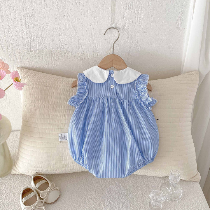 Baby girl summer sleeveless blue&white striped lapel romper
