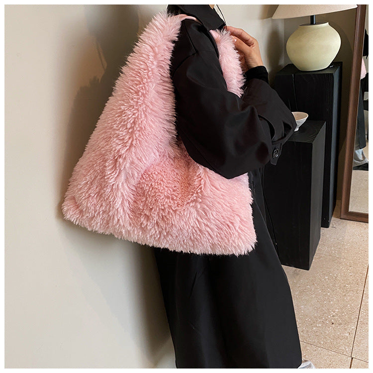 Large capacity plush bag solid color furry shoulder bag