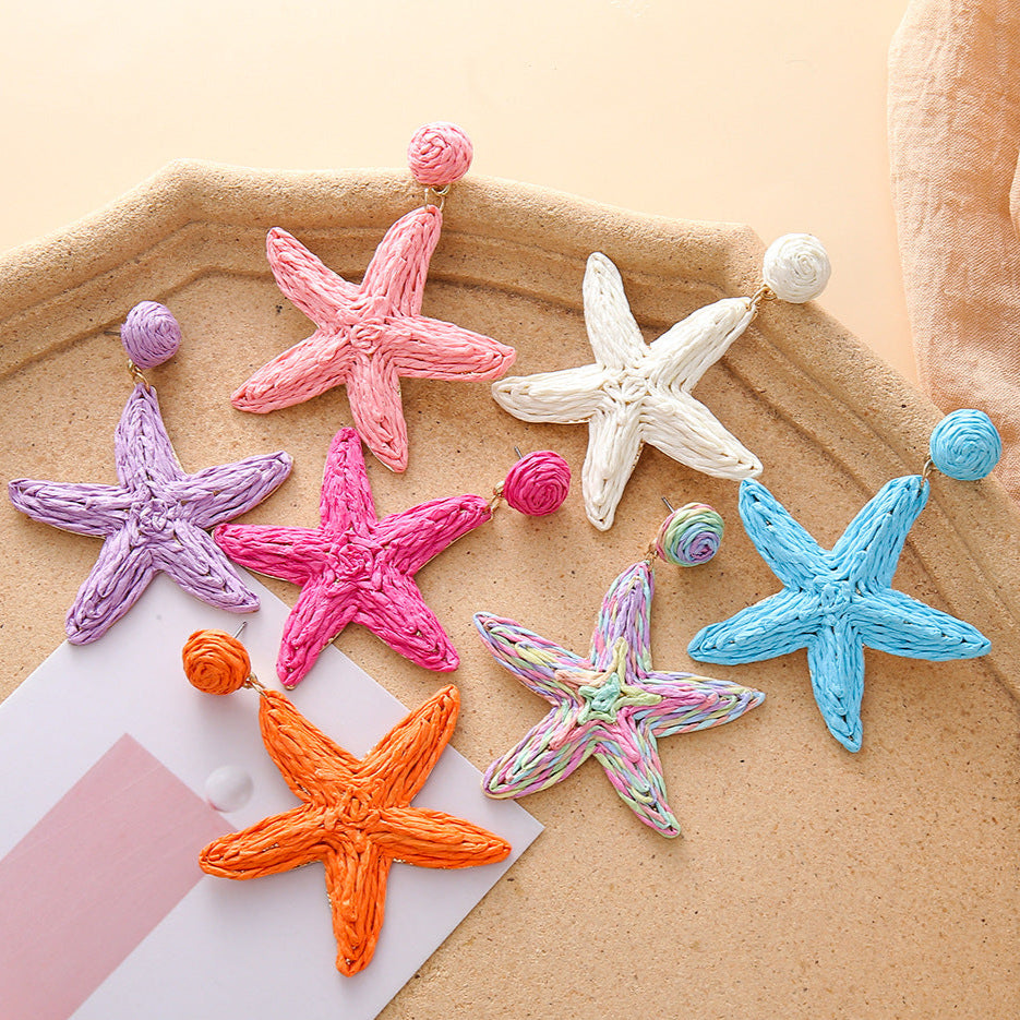 Boho hand-woven starfish earrings for seaside vacation