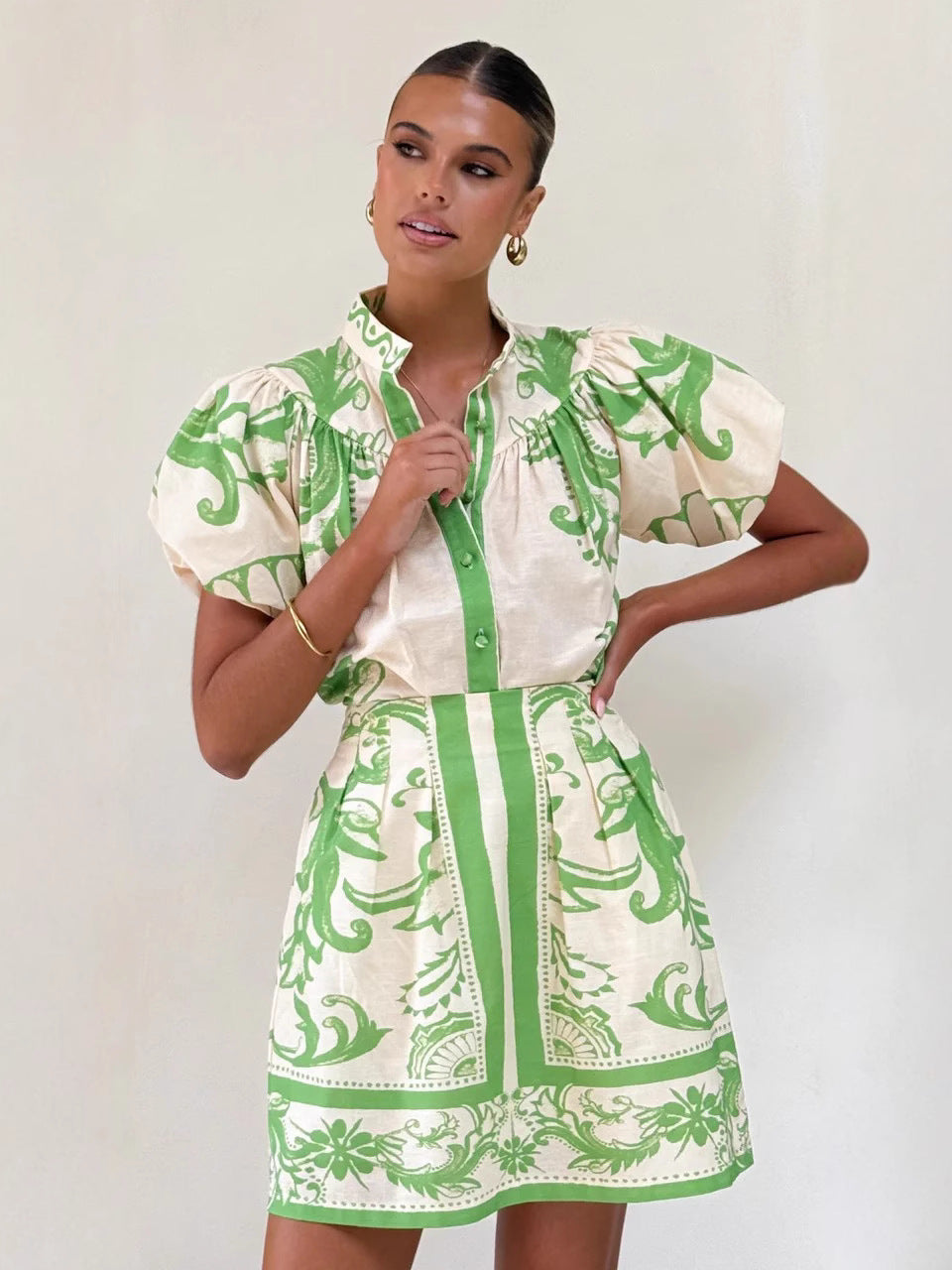 Unique floral printed Puff Sleeve shirt&Skirt set