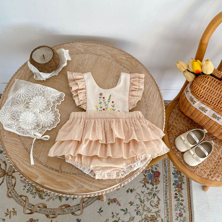Baby floral embroidery romper with flying sleeves