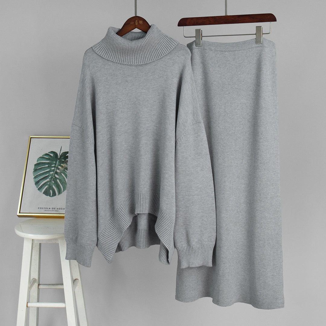 Women's Turtleneck Warm Knitted sweater&skirt 2PCS set