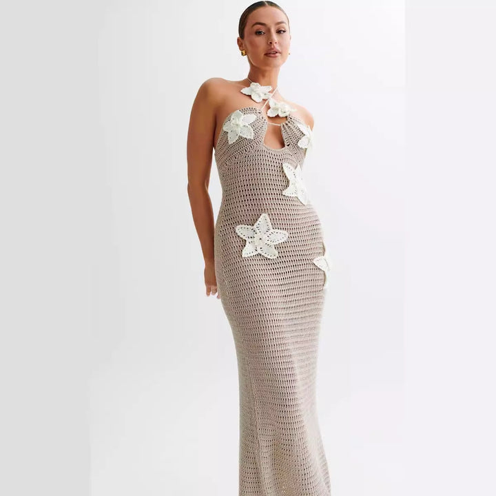 Halter Neck Floral Knit Beach Dress swimsuit cover up