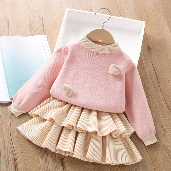 Valentine's love heart knitted sweater&cake skirt 2pcs set