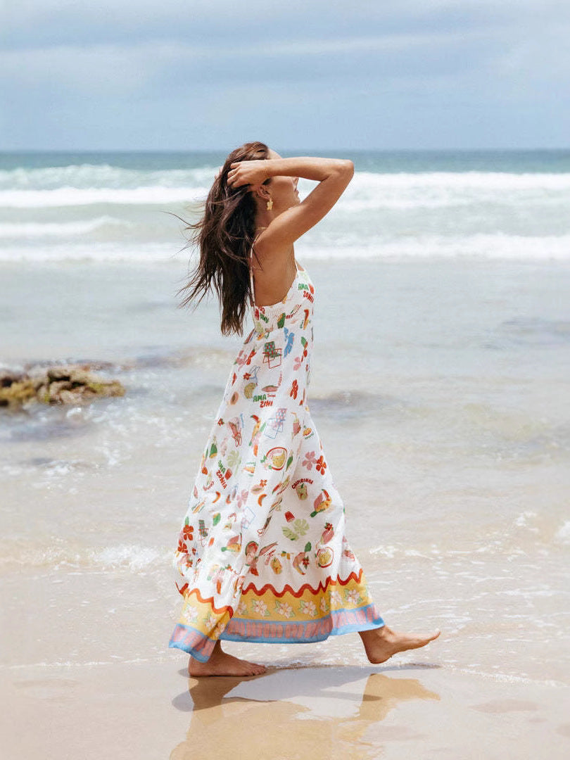Summer seaside printed Linen Sleeveless Slip Dress