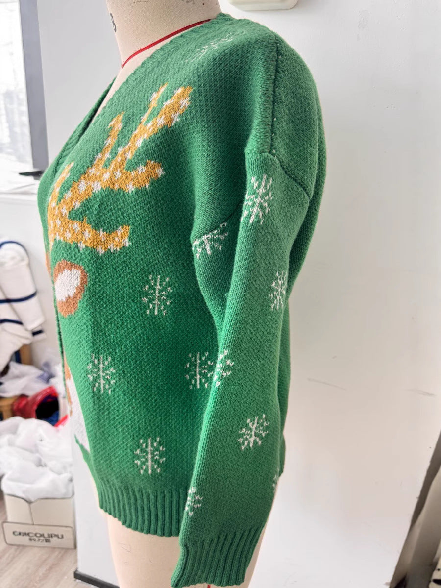 Christmas elk jacquard knitted sweater women's cardigan