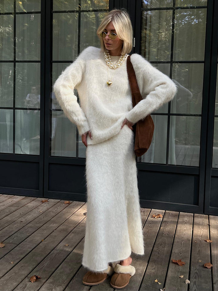 White furry sweater&skirt 2pcs set sweater suit for women