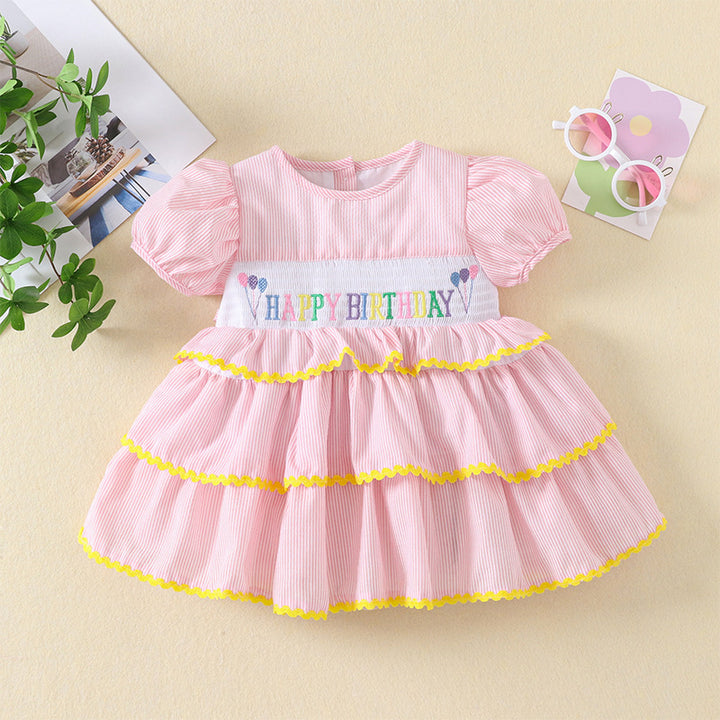 Bow tie Birthday embroidery cake dress with puff sleeves